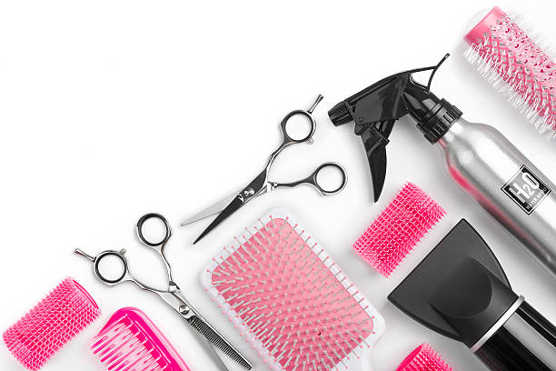 different barber shop tools isolated on white background with copyspace